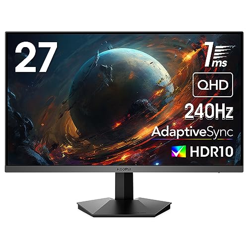 KOORUI Monitor de 27 polegadas, monitor de jogos de 240 Hz, ecrã de computador QHD2560 x 1440p, 1 ms, HDR10, 90% DCI-P3, adaptador Sync, VESA 75 * 75 mm, preto