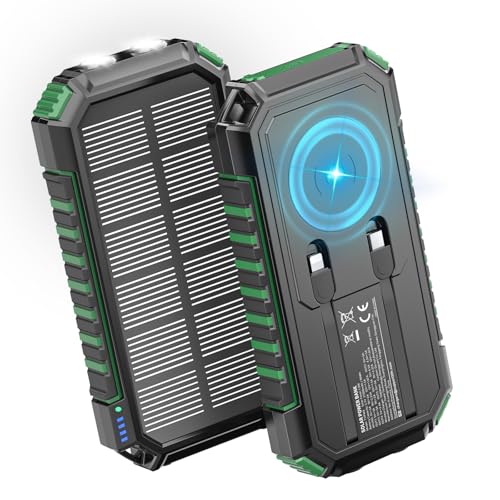 Carregador solar Power Bank 27000 mAh, Riapow, 22,5 W, carregamento rápido bateria externa sem fios com 2 cabos integrados e internas, USB C PD QC 3.0 saída portátil para tablet telefone (verde)