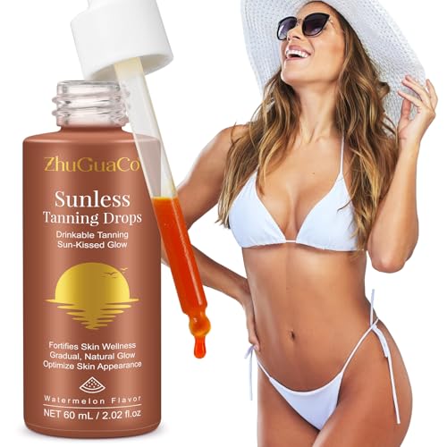 Gotas autobronzeadoras para beber, 60 ml gotas bronzeadoras sem sol, brilho natural, de bronze sem sol para beber seguro e duradouro, potencializa o bronzeado natural, para todos os tipos de peles