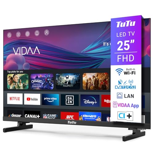 TuTu Smart TV de 25 polegadas WiFi FHD TV com ecrã LED, WLAN, App Store, sintonizador digital, Prime Video, Netflix, Youtube, DAZN, Disney+, Pluto TV e muito mais (TUV25FQ1B, 2024)