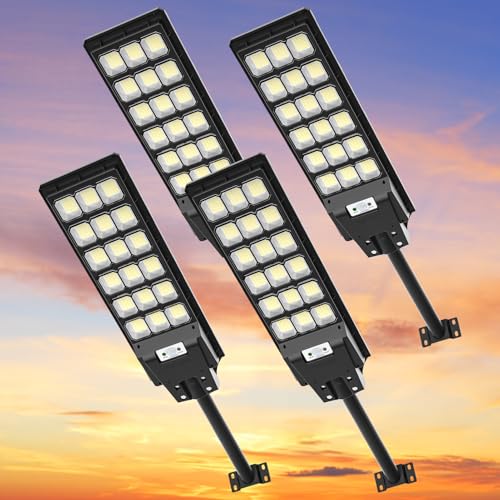 Viugreum 4 pacotes de luzes solares exteriores 600 W, potente com controlo remoto, IP65 impermeável, 6500 K holofote solar com sensor de movimento, luz de segurança para jardim e pátio
