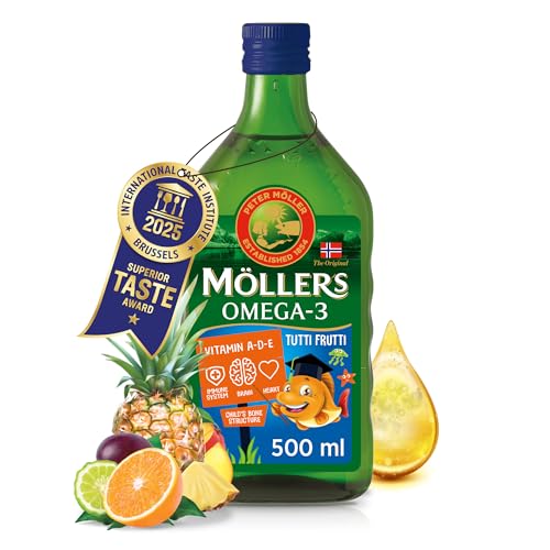 Moller's ® Óleo de fígado de bacalhau | complemento dietético para crianças com ómega - 3 EPA, DHA e vitaminas A, D e E | Sabor Tutti Frutti, 500 ml