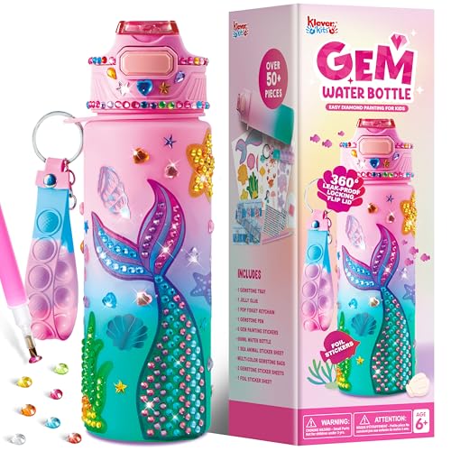 Klever Kits Decoração de garrafas de água para crianças, kits de arte e artesanato para crianças, decore o seu próprio kit de garrafa de água para meninas dos 6 aos 12 anos, sereia raparigas diamante.