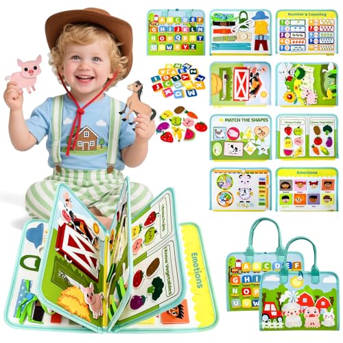 Sumtoco Busy Board, brinquedos para crianças de 1 ano, brinquedos Montessori 2 anos, animais quinta Busy Board, Montessori 1 ano, jogos educativos 2 anos, livro Montessori, presente para meninos e