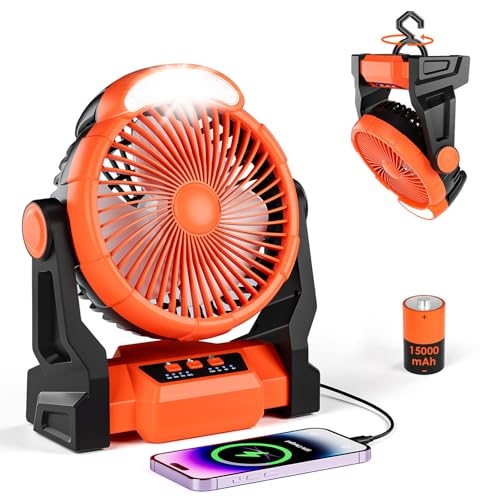 Dreamhigh® 15000 mAh Camping ventilador com lâmpada LED, ventilador recarregável portátil, 3 velocidades, rotação de 270°, ventilador USB para praia, caminhadas e ar livre