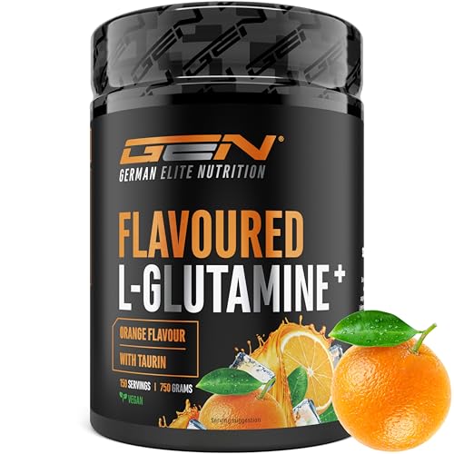 L-glutamina em pó aromatizado - 750 g, L-glutamina ultrafina com taurina extra - glutamina micronizada com sabor - sem açúcar e com excelente solubilidade - Vegana (Orange)