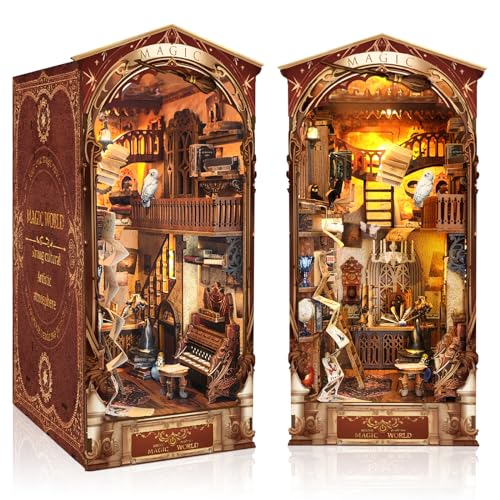 Book Nook DIY Kitcasa de bonecas em miniatura de madeira com sensor de luz LED, Magic World 3D quebra-cabeças de madeira Nook Kits, kits de modelo para pessoas com mais de 14