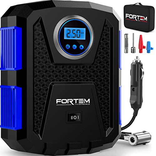 FORTEM Bomba de ar para automóveis, compressor de ar portátil de 12 V com motor elétrico de 120 W, ecrã digital LCD, luz LED de emergência, bico convencional e 3 adaptadores