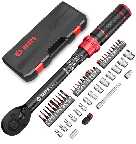 VANPO Chave dinamométrica de 1/4", 3-25 Nm chave de torque, precisão ± 3%, conjunto de chaves com 75 mm barra de extensão, copos, adaptador de 1/4"-3/8", 1/4" bits adaptador para bicicleta, moto
