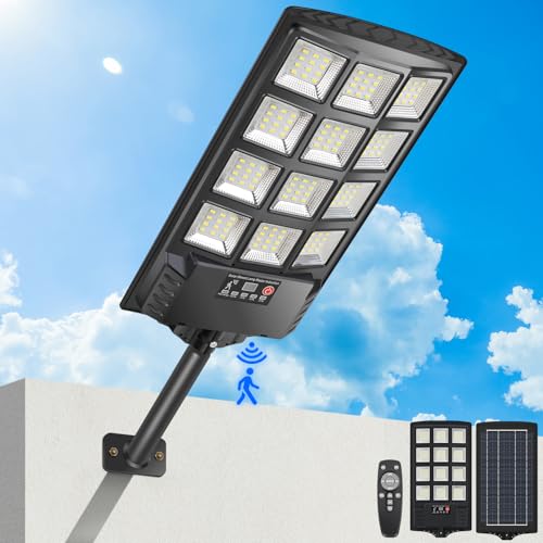 PEAKRO Lâmpadas solares para exterior, 400 W, 6000 K LED lanterna potente com controlo remoto, IP67 impermeável luz solar exterior sensor de movimento, holofote solar luz de segurança, jardim pátio, 1
