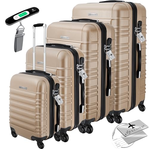 KESSER® Conjunto de 4 malas rígidas, conjunto de mala Trolley Incl. Balança de bagagem etiqueta de bagagem mala rolante fechadura 4 rodas ABS capa rígida alça telescópica S-M-L-XL, Champanhe, XL, L,
