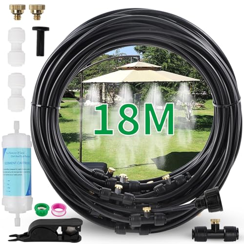 Sistema de pulverização para exteriores (18 m) com filtro de água, linha de sistema de névoa 20 boquilhas de latão adaptador de latão (3/4") névoa de terraço para arrefecer a estufa exterior