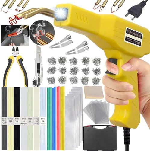 Soldador de plástico de 220 W, 2 em 1 soldagem de plástico, kit de reparação de para-choques de carro com 800 peças 6 tipos grampos, 2 palhetas e 64 peças varetas de soldagem para reparação de