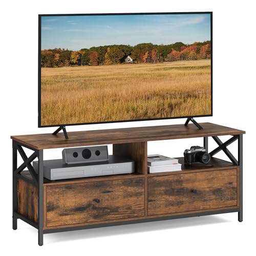 VASAGLE Armário de TV, mesa de TV de até 55 polegadas, comprimento de 120 cm, com 2 gavetas e 2 prateleiras abertas, 40 x 120 x 50 cm, para sala de estar, quarto, moldura de aço, castanho rústico e