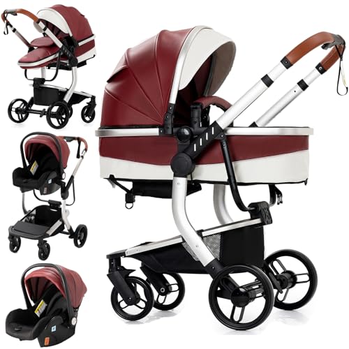 Reenborn Carrinho de couro PU para bebé 3 em 1, carrinho de bebé com dois modos de pressão reversíveis, carrinho de bebé 3 peças com moldura de alumínio, carro com design dobrável com um só clique