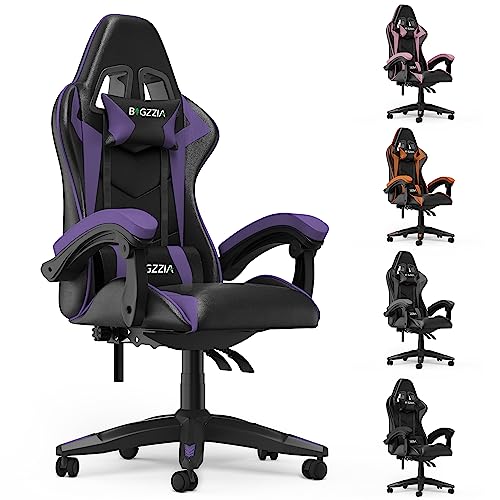 bigzzia Cadeira de jogos, cadeira ergonómica de escritório em couro PU, regulável em altura com suporte lombar e apoio de cabeça, encosto reclinável 155°, cadeira Gamer adulto criança (roxo)