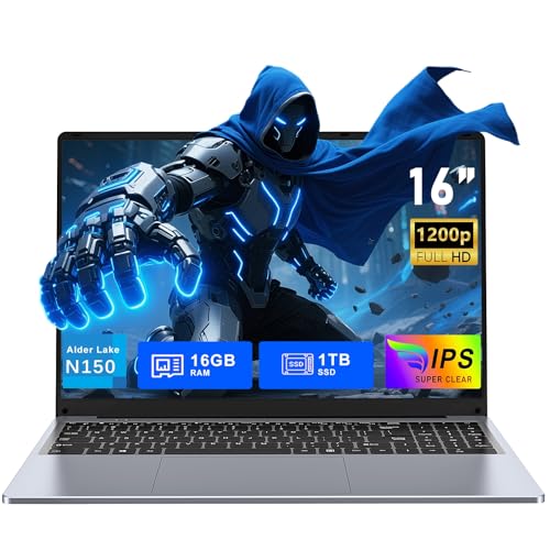 FUNYET Computador portátil de 16 polegadas Gaming Laptop, 16 GB de RAM, 1 TB de SSD, Win 11 Pro Notebook, PC portátil processador N150 (até 3,6 GHz), 6000 mAh, FHD 1920 * 1200, teclado remoto