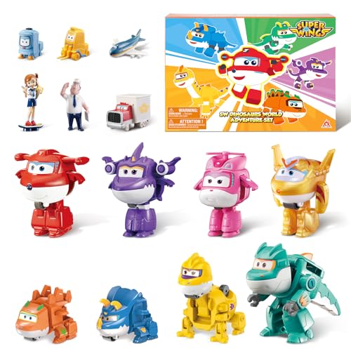 Super Wings Brinquedos transformáveis de 14 peças, brinquedos de avião de 2 polegadas com 4 brinquedos robô, 4 brinquedos dinossauro com caixa de presente surpresa Pokeable para meninos e meninas a