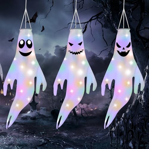 OFFCUP Manga de vento fantasma, 3 peças decoração pendente para Halloween, bandeira com luzes LED para festa, férias, exterior, pátio, jardim, relvado (B)