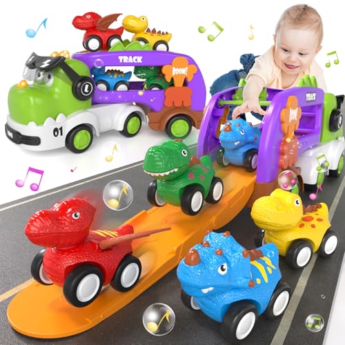 usrela Dinossauros camião de brinquedos para crianças 2 3 4 5 anos - 5 em 1 brinquedos de dinossauros para carro com luzes e som, 4 veículos dinossauros, pequenos presente para meninos e meninas 2 3 4