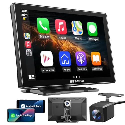 ESSGOO CarPlay & Android Auto, ecrã CarPlay IPS de 9 polegadas para carro com câmara frontal 4K, câmara de apoio 1080P, CarPlay sem fios com Bluetooth 5.0/FM/Siri/G-oogle/Mirror Link/64G TF/AUX