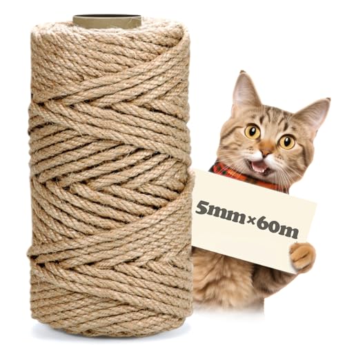 MDDK DY Corda de raspador para gatos, 5 mm x 60 m, corda de sisal natural para árvore gato e poste de arranhador, postes de raspador