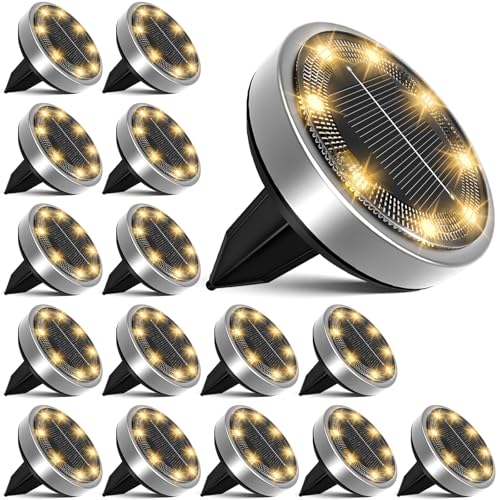 nipify Luzes solares LED para exterior, jardim, chão, 16 peças, luz solar piscina, IP65 impermeável candeeiro solar para relva, pátio, caminho, degrau, branco quente