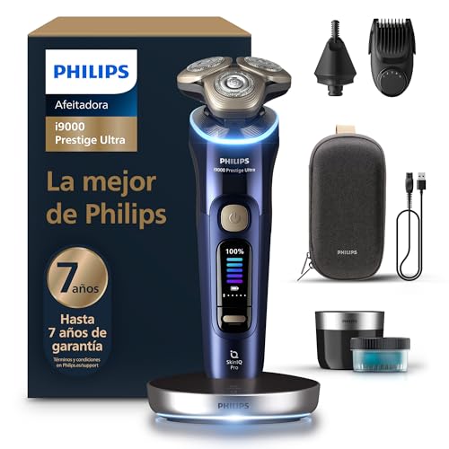 Philips i9000 Prestige Ultra, máquina de barbear elétrica para homem, máquina de barbear seca e molhada, SkinIQ Pro, base de carregamento, recarregável, estojo, centro de limpeza, aparador, nariz