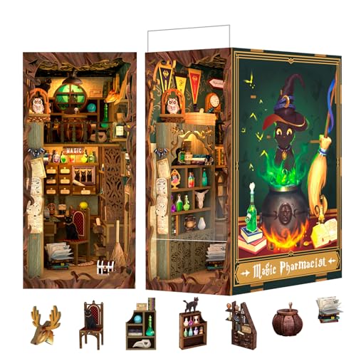 Fsolis DIY Book Nook, 3D madeira quebra-cabeças DIY mini kit de casa de bonecas, DIY Book Nook kit de construção de modelo de canto de livro de suportes de livros de madeira presente com luz LED