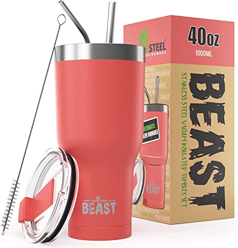 Greens Steel BEAST Termo café para levar - 1050 ml I Coral I caneca térmica de aço inoxidável reutilizável I caneca de viagem de parede dupla a vácuo I 2 palhinhas e escova de limpeza