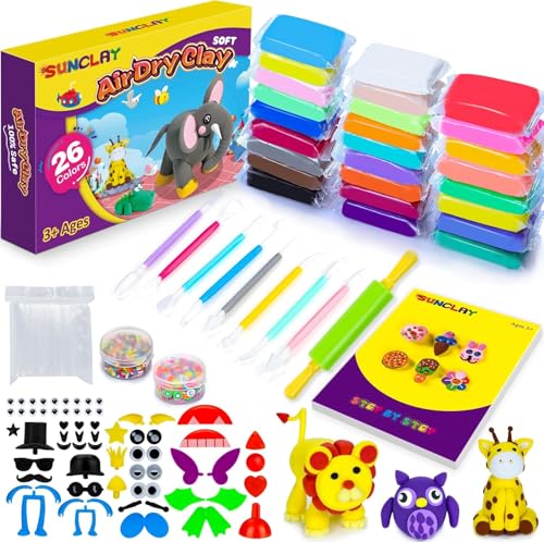 SUNCLAY Argila plástica seca ao ar - 26 cores argila para modelar com 80 páginas tutorial 9 ferramentas 5 acessórios de plástico para crianças 3 a 12 anos