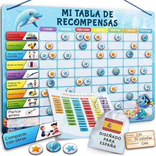 LIKARTO Tabela de recompensas para crianças - quadro magnético com muitas tarefas e 280 ímanes - inspira bom comportamento - calendário educativo infantil - azul
