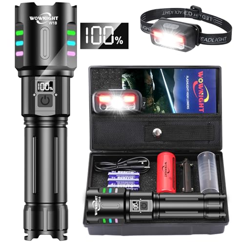 WOWNIGHT Lanternas LED de alta potência recarregável, lanternas poderosas 1000000 lúmen, regulação contínua da intensidade luminosa, ecrã LCD, para situações de emergência campismo presentes