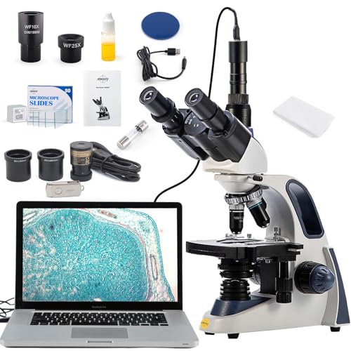 SWIFT Microscópio Trinocular SW380T de 40 a 2500 aumentos, cabeça de pote, mesa mecânica de duas camadas, câmara de 5,0 MP e software e 100 slides vazios