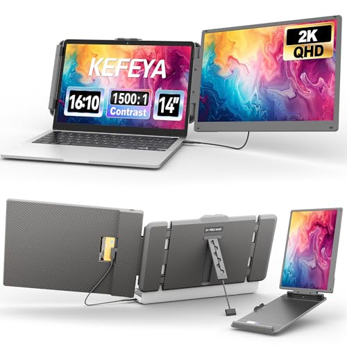 KEFEYA 2 K Monitor portátil, 14 polegadas QHD extensor de ecrã portátil com altifalantes e suporte, Plug & Play para portáteis de 13 a 16,5 polegadas, compatível com Mac, Winds, Android e Dex