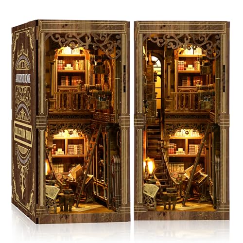 Cuiwos Book Nook Kit em madeira - (Edição clássica), miniatura 3D com luzes LED, sala vintage de livros para montar | decoração de prateleiras, presente criativo para leitores e trabalhos manuais