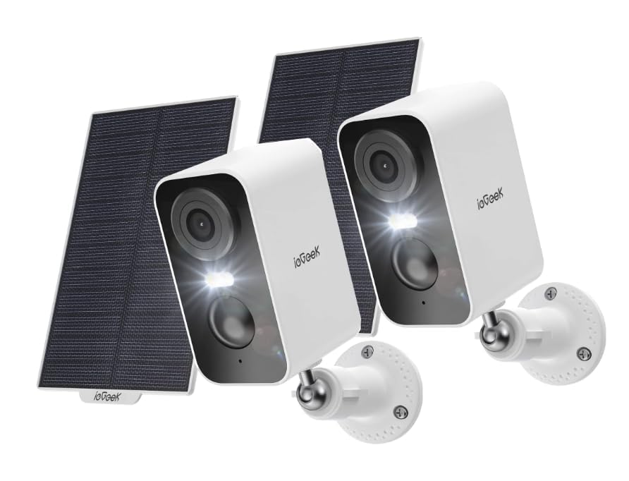 ieGeek Câmara de vigilância WiFi exterior solar, 2 K câmaras de vigilância sem cabos, câmara de segurança com bateria, visão noturna colorida, deteção de movimento humano PIR, áudio de 2 vias (2