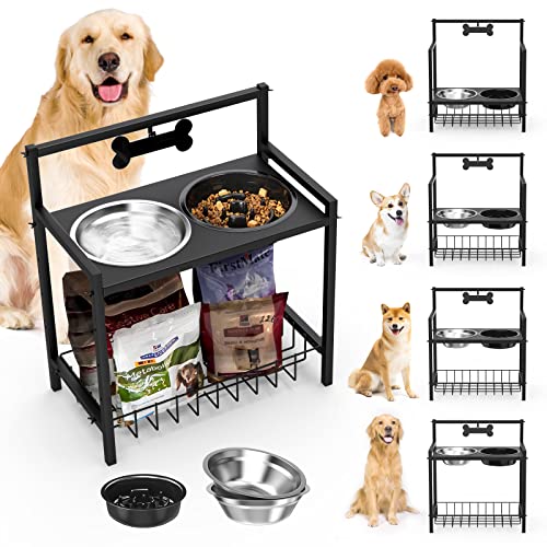 Lewondr Alimentador elevado para cães, tigelas de aço inoxidável alimentador de 4 altura ajustável tigela de comida lenta com cesta de armazenamento e etiqueta para cão pequeno médio grande, preto