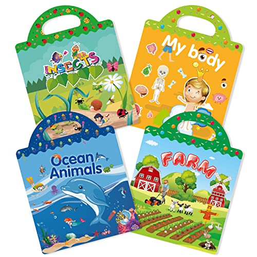 GUYUCOM Embalagem de 4 livros de autocolantes reutilizáveis, brinquedos para crianças de 2, 3, 4 anos, autocolantes 3D transparentes para quinta de insetos oceânicos, brinquedo educativo, presentes de
