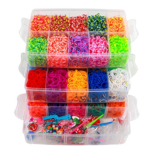 ONECK Kit de borrachas para pulseiras, 15000 conjunto de artesanato de pulseiras para crianças, caixa pulseiras de borracha bandas de silicone kit de tecelagem com caixa de 3 níveis, inclui tecido,