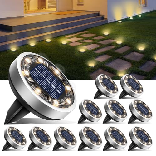 btfarm 12 Pacotes luzes solares LED exterior jardim chão, 8 LED luz solar exterior jardim, IP65 candeeiros solares impermeáveis caminho, relva, pátio-branco quente