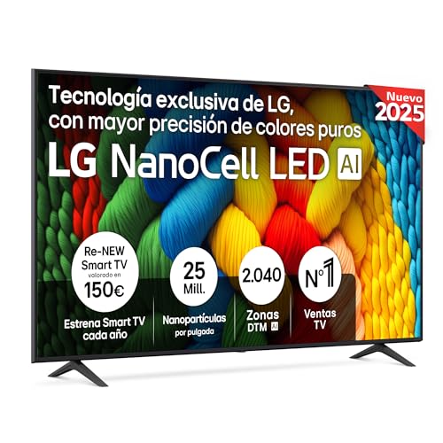 LG 75NANO80A6B Televisão de 75", 4K, NanoCell, Smart TV, LED IA, WebOS 25, processador potente e inteligente, Super Upscaling, Dolby Digital Plus, Alexa/Google Assistant, preto