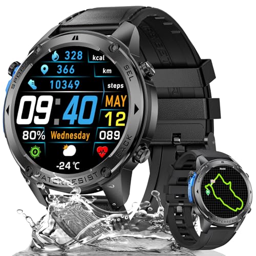 LIGE DM2-1,43''Relógio inteligente homem com GPS/bússola/barómetro de pressão/altura, 170 modos desportivos, 5 ATM impermeável, Smartwatch homens com frequência cardíaca, SpO2, preto e couro