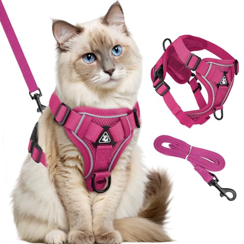GlasFlength Arnês para gatos com alça, à prova de quebra, correia para gatos com arnês ajustável para gatos, conjunto de arnês macio para gatos com riscas refletoras (vermelho rosa-M)