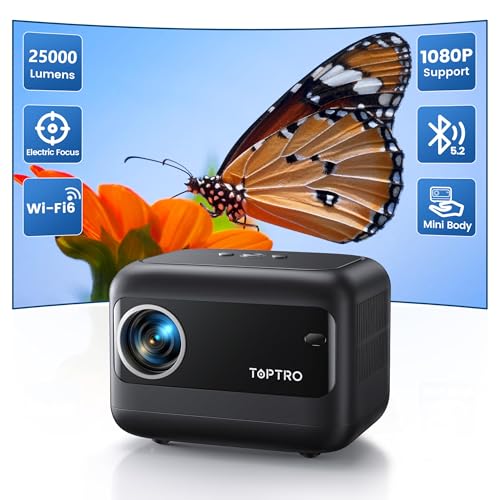 Miniprojetor portátil 【Foco elétrico: suporte de 20.000 lúmens, projetor 1080 P, correção trapezoidal motorizada ± 40 ° WiFi 6 e Bluetooth 5.2, TR25 Projetores cinema em casa para iOS/Android. /PC