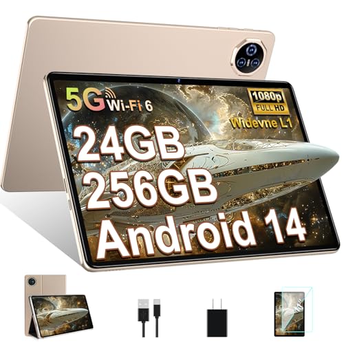 Biegedy Tablet de 11 polegadas Android 14, 24 GB RAM+256 GB ROM/1TB TF, Tablet ecrã tátil, Widevine L1/8000 mAh / 5 MP + 13 MP / 5G WiFi/Facial ID/GMS/BT 5.0, Octa-Core 2.0. 0 GHz, com Capa dourada