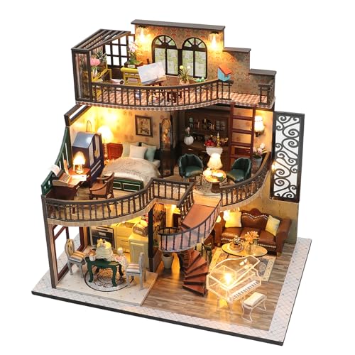 HIGSPE Miniaturas casacos DIY Kit, casa de bonecas de madeira com móveis e luzes LED, sótão DIY Miniature House Puzzle 3D, decoração de secretária, presente para crianças adultos