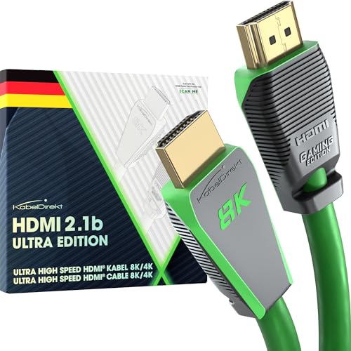 KabelDirekt Cabo HDMI 2.1 8K, edição Gamer certificada de 3 m (8 K@60Hz, Ultra High Speed/48G para 10 K, 8 K ou ultra rápido 144 Hz a 4 K, ideal para PS5/Xbox e PC Gaming, Monitor/TV, verde)
