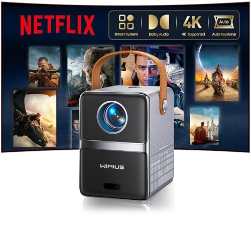 Netflix Certificado mini projetor portátil 4K, WiMiUS 1080P Projetor com auto-chave/E-foco, WiFi 6& Bluetooth 5.2, Dolby Audio projetor portátil 4k para telemóvel / PC/HDMI/exterior/cinema em casa