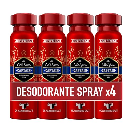 Old Spice Captain Desodorante corporal em spray para homem, 48 horas fresco, 0% sais de alumínio, antimanchas, brancas e amareladas, 4 x 150 ml (a embalagem pode variar)